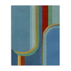 an abstract painting with blue, green, yellow and red stripes on the bottom half of it