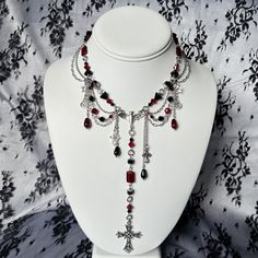 please do not recreate my designs. Gothic Accessories Jewellery, Black And Red Necklace, Gothic Rosary, Rosary Inspired Necklace, Red Beaded Necklaces, Edgy Jewelry, Indie Jewelry