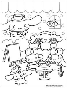 an animal themed coloring page for kids with animals in the background and on the table