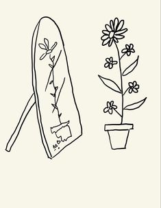 a black and white drawing of a flower pot next to a long piece of cloth