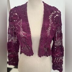 Beautiful, Unique, & Fun, This Eye-Catching Hand-Crocheted & Hand-Dyed 100% Cotton Shrug (Short Jacket) In Berry Is A Great Addition To Any Wardrobe. Made In The Usa. This Unlined Shrug/Short Jacket Has Long Sleeves & Flounce/Ruffle Lapel & A Beautiful Pattern Throughout. There’s Scalloping On The Sleeve Edge, Lapel & Collar, & Hem For A Feminine Touch. As This Is Handcrafted, The Knit Pattern, Hue, & Exact Measurements May Vary This Fun, Unique Shrug Is Unlined & Machine Washable. If You Want T Red Crochet Long Sleeve Outerwear, Pink Crochet Shrug, Pink Bohemian Crochet Outerwear, Casual Long Sleeve Open Knit Shrug, Fitted Crochet Long Sleeve Shrug, Crochet Shrug, Cotton Crochet, Short Jacket, Three Quarter Sleeves