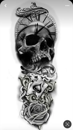 a black and white photo of a clock with a skull on it