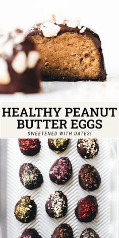 healthy peanut butter eggs with chocolate and sprinkles in the middle on a white plate