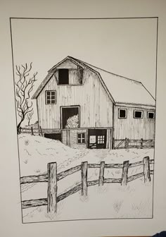 a drawing of a barn with a fence in the foreground and a tree behind it