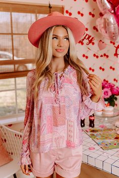 Pink Long Sleeve Paisley Print Blouse, Pink Paisley Print Long Sleeve Blouse, Pink Long Sleeve Paisley Print Top, Pink Long Sleeve Top With Paisley Print, Pink Long Sleeve Tops With Paisley Print, Pink Paisley Print Long Sleeve Top, Impressions Online Boutique, Patchwork Print, Comfort Wear