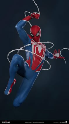 a spider - man flying through the air with his arms stretched out