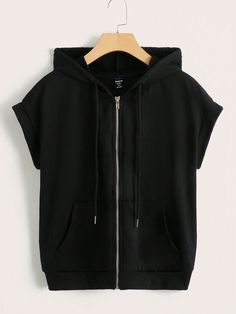 Plus Size Kangaroo Pocket Hooded Sweatshirt Black Casual  Short Sleeve Knitted Fabric Plain Zip Up Medium Stretch  Women Plus Clothing, size features are:Bust: ,Length: ,Sleeve Length: Ärmelloser Pullover, Cottagecore Clothes, Stylish Hoodies, Womens Sweatshirts Hoods, Women Sweatshirts, Men Stylish Dress, Mens Casual Dress Outfits, Casual Cap, Short Sleeve Hoodie