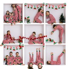 a collage of photos with people dressed in pajamas and christmas decorations on the wall