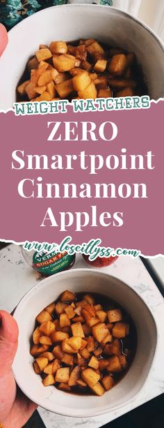 a white bowl filled with cinnamon apples on top of a counter next to a pink sign that says zero smart point cinnamon apples