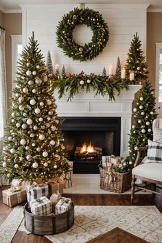 two christmas trees in front of a fireplace with presents on the mantle and wreaths