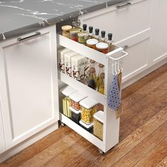 an open cabinet in a kitchen with spices, condiments and other items on it