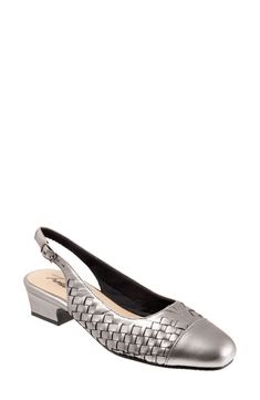 Intricate woven details spice up the look of this cap-toe pump finished with an adjustable back strap for a custom fit. 1 1/4'' heel Adjustable slingback strap with buckle closure Synthetic upper/textile lining/synthetic sole Imported Women's Clothing Silver Slingback Pumps With Buckle Closure, Formal Closed Toe Woven Leather Heels, Formal Woven Leather Closed Toe Heels, Slingback Pump, Back Strap, Curator Style, Salvatore Ferragamo Flats, Spice Up, Pump Shoes