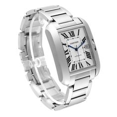 Cartier Tank Anglaise XL Steel Automatic Mens Watch W5310008. Automatic self-winding movement. Stainless steel case 47mm x 36.2 mm. Case thickness 9.82 mm. Crown set with a faceted blue spinel cabochon. . Scratch resistant sapphire crystal. Silver   guilloche dial. Painted black Roman numerals. Sword shaped blued steel hands. Secret Cartier signature at X. Date calendar window at 3 o'clock aperture. Secret Cartier signature at VII. Stainless steel bracelet with with deployant buckle. Fits 7 3/4" Cartier Tank Anglaise, Rolex Date, Blue Spinel, Cartier Tank, Date Calendar, Breitling Navitimer, Beautiful Watches, Roman Numerals, Watch Sale