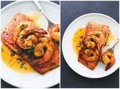 two pictures of shrimp and grits on a white plate