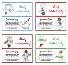 four different christmas cards with snowmen and santa hats on them, one is for each other