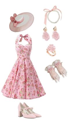 Pretty Coquette Outfits, Pink 50s Outfit, 50s Coquette Outfit, Cute Pink Dress Casual, Cute 50s Outfits, Romantic Style Aesthetic Outfits, Coquette Outfits Aesthetic Pink, Coquette Inspo Outfit, 50s Outfit Ideas