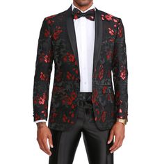 Elevate Your Style With The Tazio Floral Pattern Single Breasted Jacket. This Sleek, Slim-Fit Jacket Boasts A Captivating Shiny Red Floral Pattern Against A Two-Tone Black Backdrop, Ensuring You Shine With Elegance And Confidence. With A Single-Button Closure, Shawl Collar, And A Myriad Of Pockets, This Jacket Effortlessly Combines Timeless Sophistication With Modern Flair. Underarm Sweat Guards And An Interior French Facing Add Practicality And Durability To This Statement Piece. Perfect For Fo Tailored Long Sleeve Holiday Suits, Black Formal Outerwear For Holidays, Formal Black Holiday Outerwear, Red Festive Semi-formal Blazer, Red Suit For Spring Party, Red Suits For Spring Party, Red Spring Party Suit, Red Tuxedo Blazer For Party, Red Tuxedo Blazer For Winter