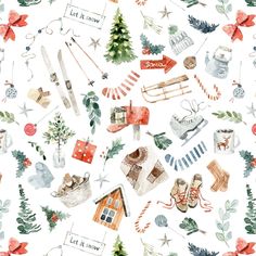 watercolor christmas pattern on white background with red and green ornaments, snowflakes, boots, stockings, trees