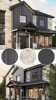 the exterior of a house with stone and wood accents