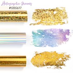 four different types of holographics in gold, silver, and blue colors