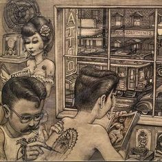 a drawing of two people in front of an open refrigerator, one man has tattoos on his arm