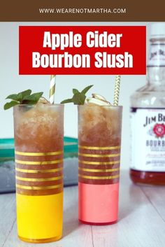 apple cider bourbon slush recipe in two tall glasses with straws and mint garnish