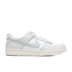 The Nike Dunk Low embodies a clean aesthetic. Featuring a two-tone color scheme, this design features a crisp leather upper that joins together a clean base with contrasting overlays in a contrasting hue. Signature Dunk features are placed throughout, such as the perforated toe box, breathable nylon tongue with signature Nike branding, and additional embroidered detailing placed at the heel. Leather upper Leather overlays Low-profile silhouette Nylon tongue Nike branding Perforated toe box Rubbe White Sneakers With Contrast Stitching For Sports, White Casual Sneakers With Contrast Stitching, Casual White Sneakers With Contrast Stitching, Everyday White Nike Sneakers, Nike Dunk Low Triple White, Nike Dunks Two Toned Grey, Nike Dunk Low Cloud Grey White, Pure Platinum Nike Dunk, Nike Dunks Pale Ivory