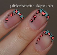 Polish Art Addiction: Teal and Coral Leopard French Print Nail Art, Bright Nails, Tip Nails, Bohol, Pretty Nail Art, Get Nails, French Tips, I Love Nails, Art Summer