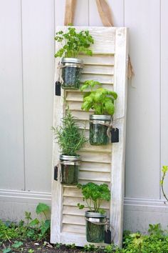 an old ladder is filled with potted plants and hanging on the side of a building