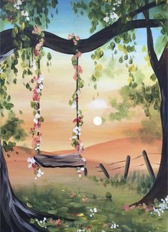 a painting of a tree swing with flowers hanging from it's branches and the sun in the background