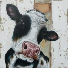 a painting of a black and white cow