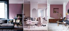 three different rooms with pink walls and furniture