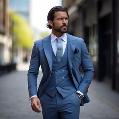 3 Piece Men's Slim Fit Suit Blue Suit – sweetearing Slate Blue Tuxedo, Light Grey Suit With Dusty Blue Tie, Summer Wedding Suits Groom Navy Blue, Dusty Blue Tuxedo Wedding, Men’s Suits Wedding Summer, Mens Navy Wedding Suit, Dusty Blue Tuxedo, Suit For Wedding Mens, Groomsmen Outfits Blue