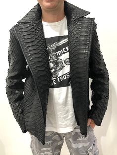 DRAGON SNAKESKIN BIKER JACKET FOR MAN This jacket was made of KING (DRAGON) python leather. This type of leather is very rare and more expensive than other types. This leather has the biggest flakes among all types of python leather. PREMIUM QUALITY LUXURY STYLE Outside: GENUINE KING PYTHON LEATHER  Accessories: silver color (please see the photo). *All our products are 100% handmade, we always try to create interesting ideas to make your style unique. *We use only the highest quality materials Luxury Men's Designer Outerwear, Luxury Custom Fit Men's Outerwear, Customized Jacket, Snake Queen, Gangster Suit, King Dragon, Jacket For Man, Leather Jacket For Men, Black Python