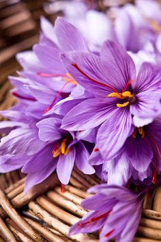 purple flowers are sitting in a wicker basket