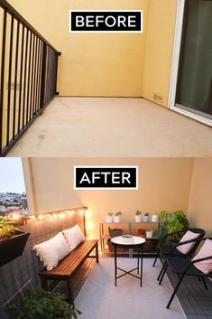 before and after photos of an outdoor patio with lights on the balcony, and in the back there is a bench that has been set up