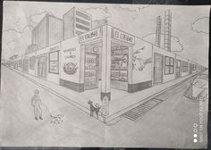 a pencil drawing of a store front with a man and his dog standing in front