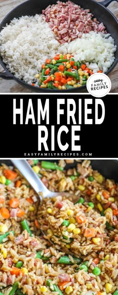 ham fried rice in a skillet with carrots and green beans