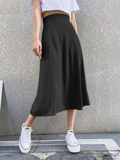 Solid High Waist Flared Skirt Black Casual   Fabric Plain Flared Non-Stretch Spring/Summer/Fall Women Clothing, size features are:Bust: ,Length: ,Sleeve Length: Fall Green, Plain Skirt, Simple Wardrobe, Fashion Aesthetics, Women Skirts, Flared Dress, Floral Print Skirt, Body Con Skirt, Flared Skirt