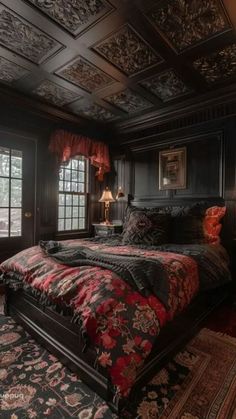 a large bed sitting in a bedroom next to two windows