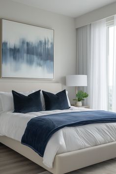 Transform Your Bedroom: Elegant Blue & White Decor Ideas Navy White Home Decor, White Bed Navy Accents, Small Bedroom Ideas Navy Blue, Black White Grey Blue Bedroom, White With Navy Accents Bedroom, Navy Home Accents, White Blue Black Bedroom, Blue And White Interior Design Modern, White Bedroom With Navy Blue Accents