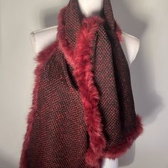 Elegant Scarf With Luxurious Fur Trim. Perfect For Adding Warmth And Style. Big Scarves, Elegant Scarf, Big Scarf, Elegant Scarves, Red Fox, Fox Fur, Fur Trim, St John, Black Red