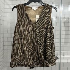 Anthropologie | Eri + Ali Kasi Shimmer Top Sleeveless Surplice Blouse Tank Zebra Animal Print Gorgeous Somewhat Cropped Sleeveless Top In A Shimmery Animal Print. Brand New With Tags. Colorway Is Black Motif. Brown Sleeveless Top For Night Out, Sleeveless Brown Tops For Night Out, Brown Sleeveless Top For Party, Brown Sleeveless Party Top, Cropped Sleeveless Top, Surplice Blouse, Shimmer Top, Zebra Animal, Zebras Animal