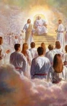 an image of jesus in the clouds with other people around him and his words below