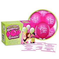 the balloon game is in front of its box and it's contents are pink