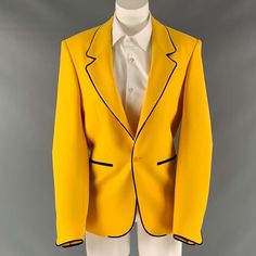 Random Identities Sport Coat Comes In A Yellow Twill Woven Material With A Black Piping Details, Shoulder Pad, Notch Lapel, Welt Pockets, And A Single Button Closure. New With Tags. Marked: 42 Measurements: Shoulder: 16.5 Inches Chest: 36 Inches Sleeve: 26 Inches Length: 27 Inches Sui Generis Reference: 127052 Category: Sport Coat More Details Brand: Random Identities Size: 36 Chest Size: 36 Gender: Male Sport Coat Leng: Regular Color: Yellow Color 2: Black Pattern: Solid Fabric: Polyester Blend Classic Tailored Blazer With Contrast Trim, Classic Fitted Blazer With Contrast Trim, Yellow Formal Blazer With Suit Collar, Fitted Blazer With Contrast Trim For Office, Fitted Blazer With Contrast Trim For Work, Formal Fitted Outerwear With Contrast Trim, Resale Store, Black Solid, Color 2