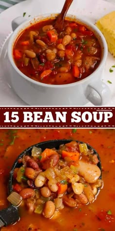 bean soup in a white bowl with spoon and cornbreads on the side, and text overlay that reads 15 bean soup