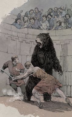 an illustration of a bear attacking a man with a baseball bat in front of a crowd