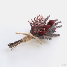 dried flowers are tied to twine on a white surface