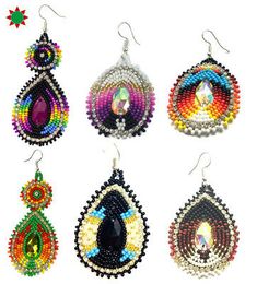 six pairs of beaded earrings are shown in different colors and shapes, each with an individual's own design